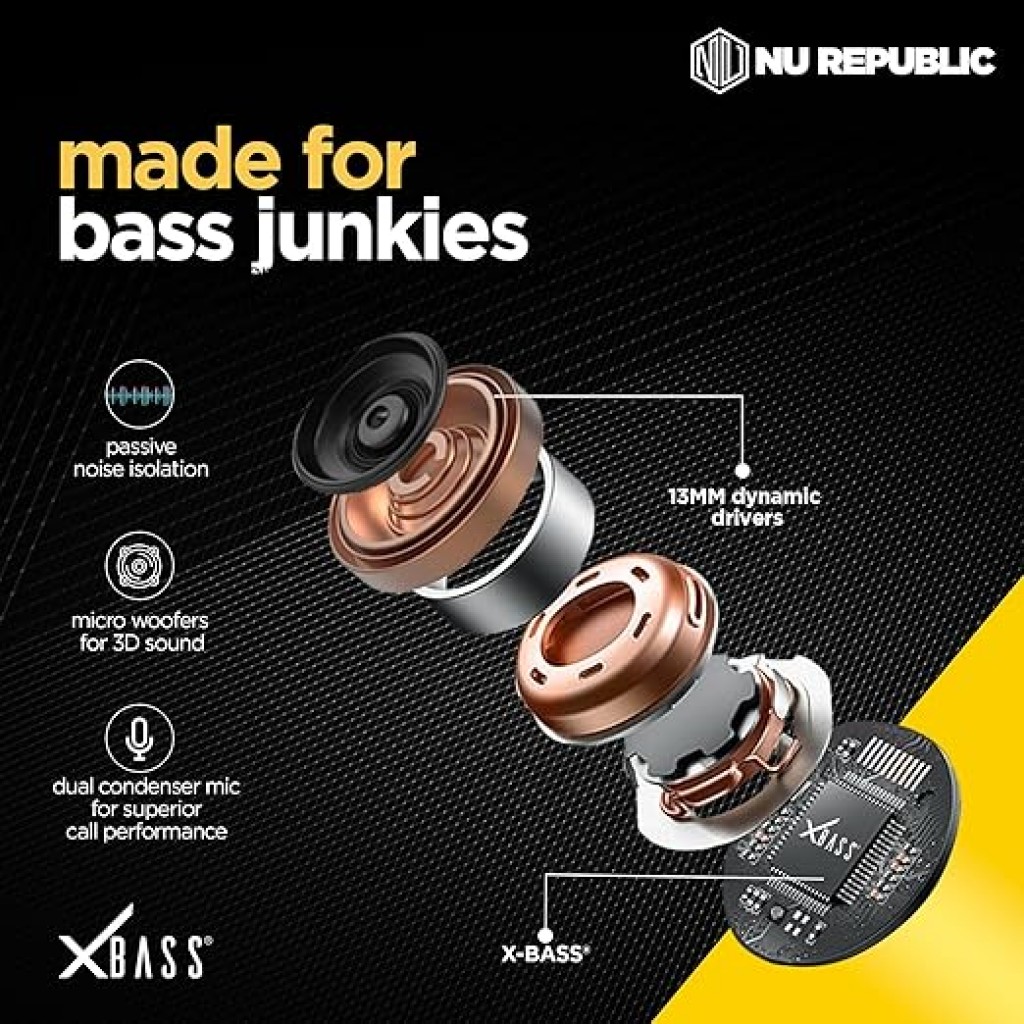 Nu Republic Transform-X Earphone, Earbuds Bluetooth Wireless with X-Bass, ENC Technology 