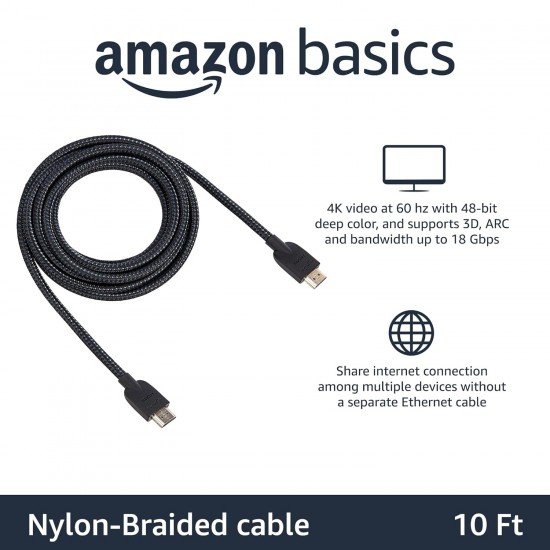 Amazon Basics High-Speed Braided HDMI Cable - 3 Feet - Supports Ethernet, 3D, 4K and Audio Return (Black)