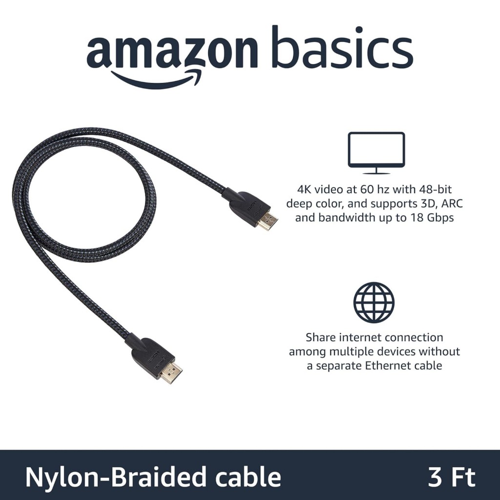 Amazon Basics High-Speed Braided HDMI Cable - 3 Feet - Supports Ethernet, 3D, 4K and Audio Return (Black) Amazon Basics High-Speed Braided HDMI Cable - 3 Feet - Supports Ethernet, 3D, 4K and Audio Return (Black)