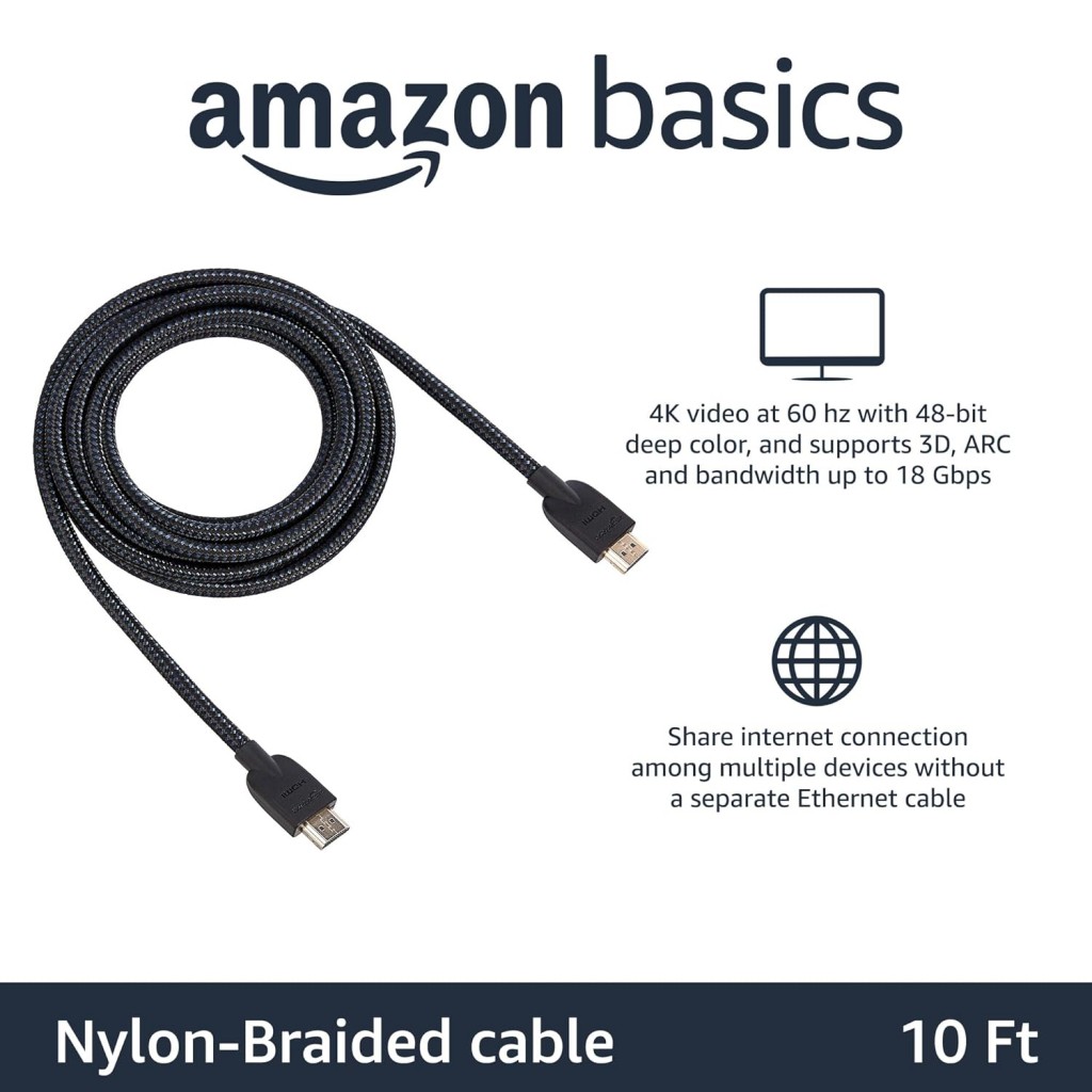 Amazon Basics High-Speed Braided HDMI Cable - 3 Feet - Supports Ethernet, 3D, 4K and Audio Return (Black) Amazon Basics High-Speed Braided HDMI Cable - 3 Feet - Supports Ethernet, 3D, 4K and Audio Return (Black)