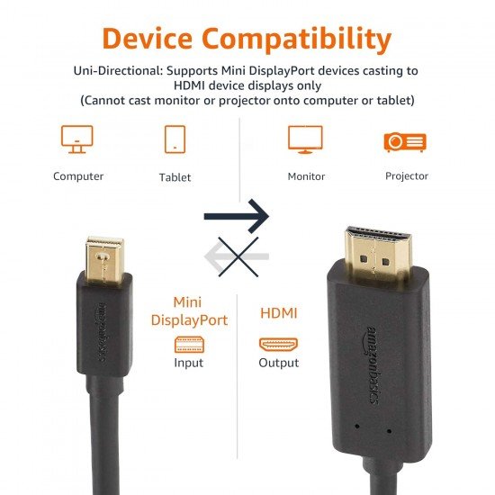 Amazon Basics Mini Display Port to HDMI Cable - 6 Feet (Full HD - 1080P), Gold