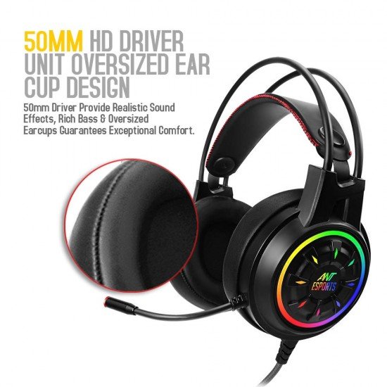 Ant Esports H707 HD RGB Wired Gaming Headset Noise Cancelling Over-Ear Headphones with Mic for PC PS4 