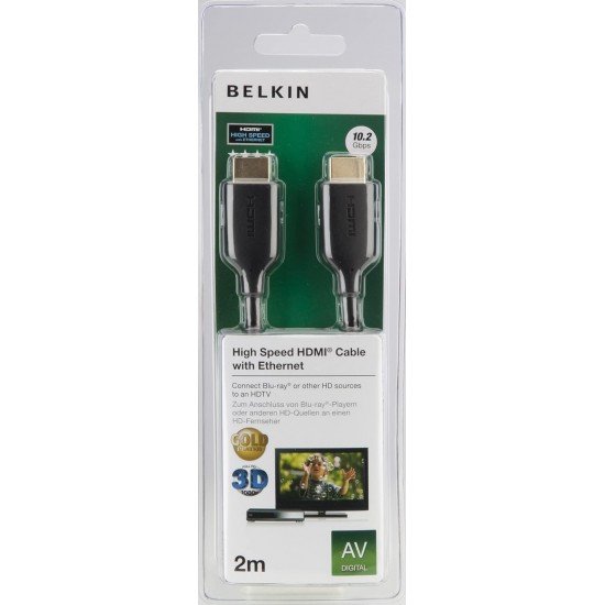 Belkin 2 Meter (6.6 Feet) High-Speed Gold-Plated HDMI Cable, Supports 3D, 4K, 1080p, Audio Return and Ethernet for TV - Black