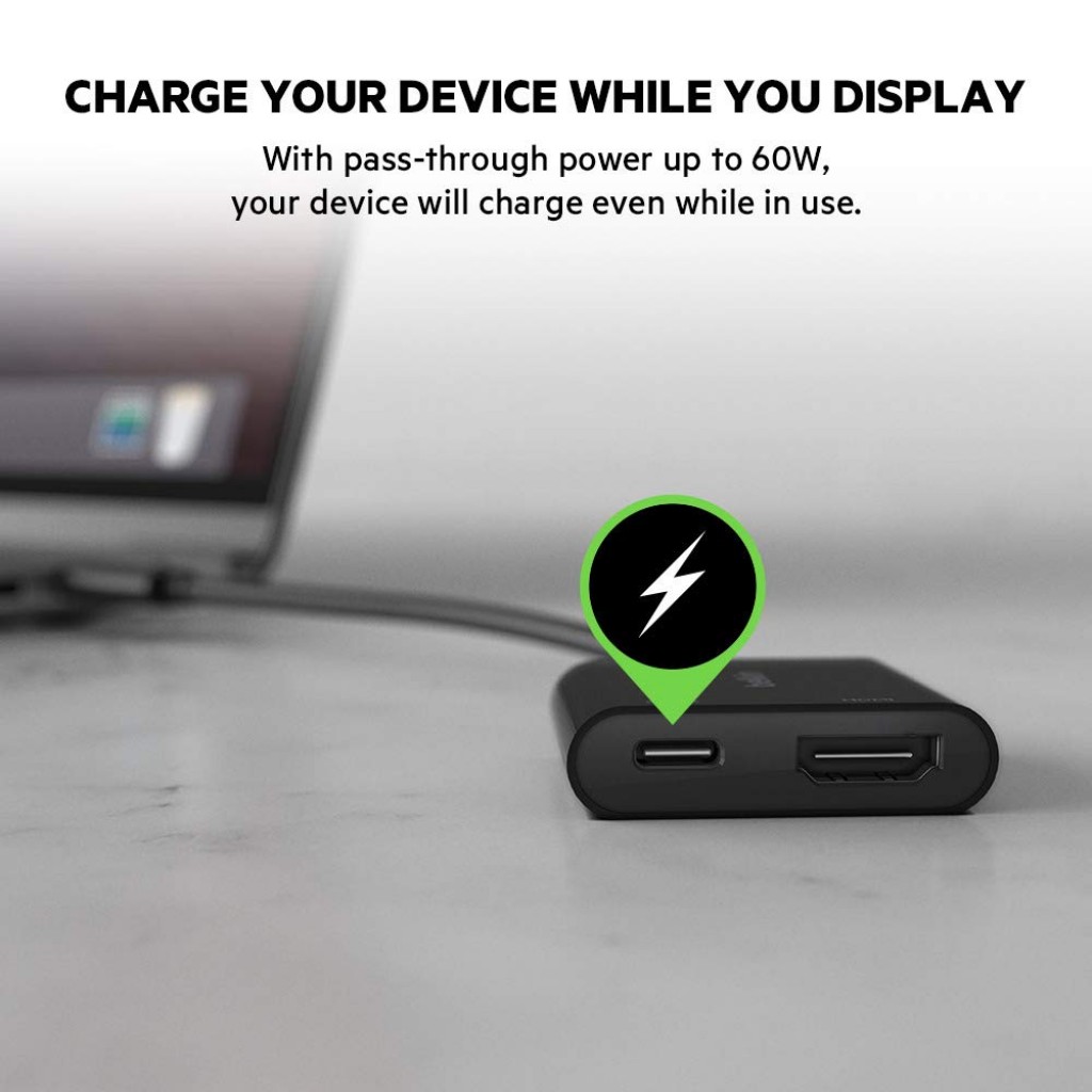 Belkin USB-C to HDMI Adapter + Charge (Supports 4K UHD Video, Pass-Through Power up to 60W for Connected Devices) HDMI Adapter- Black Belkin USB-C to HDMI Adapter + Charge (Supports 4K UHD Video, Pass-Through Power up to 60W for Connected Devices) HDMI Adapter- Black