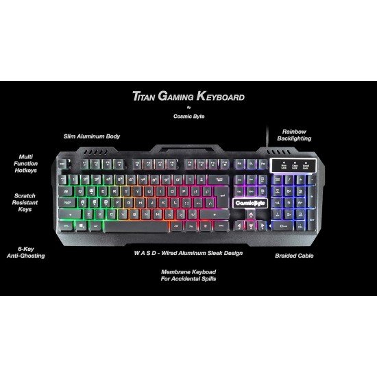 Cosmic Byte CB-GK-05 Titan Wired Gaming Keyboard with Aluminum Body, Rainbow Backlit Keycaps, Braided Cable (Black)