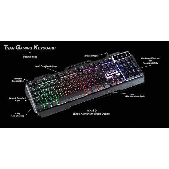 Cosmic Byte CB-GK-05 Titan Wired Gaming Keyboard with Aluminum Body, Rainbow Backlit Keycaps, Braided Cable (Black)