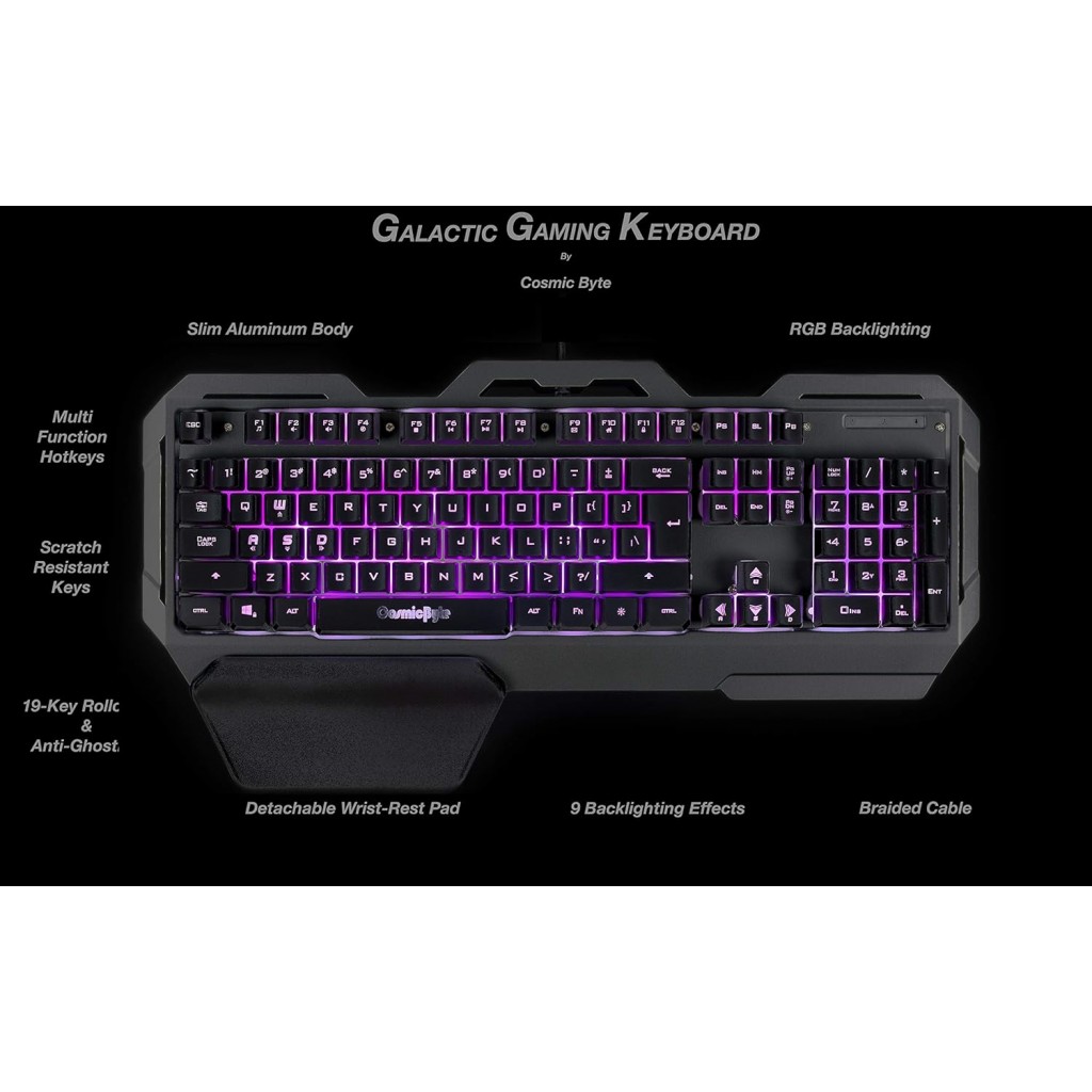 Cosmic Byte CB-GK-17 Galactic Wired Gaming Keyboard with Aluminium Body, 7 Color RGB Backlit with Effects, Anti-Ghosting (Black)