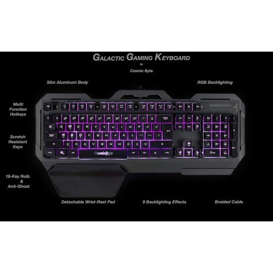 Cosmic Byte CB-GK-17 Galactic Wired Gaming Keyboard with Aluminium Body, 7 Color RGB Backlit with Effects, Anti-Ghosting (Black)