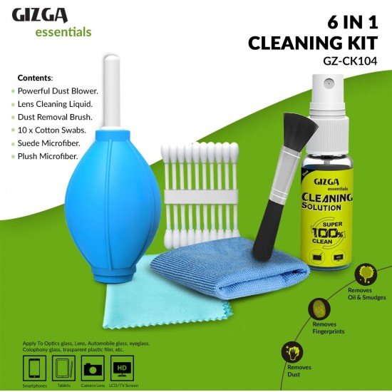 Gizga Essentials Professional 6-in-1 Cleaning Kit for Cameras & Sensitive Electronics (Includes: Air Blower, Cotton Swabs, Suede )