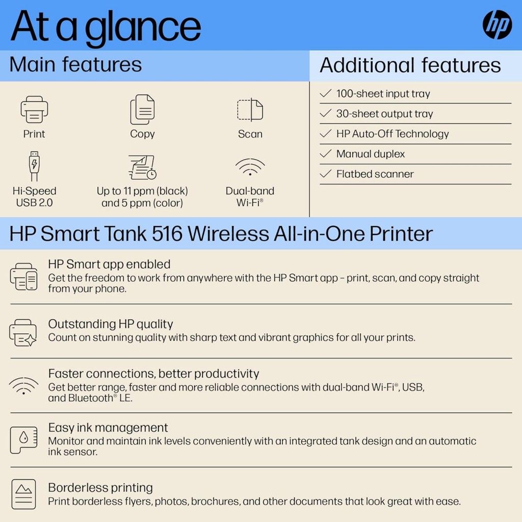 HP Ink Tank 516 Color Printer, Scanner, & Copier with High Capacity Tank for Home, (refurbished)