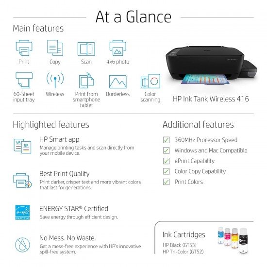 HP Ink Tank Wireless 416 Printer, All-in-One, Print, Copy, Scan, (refurbished)