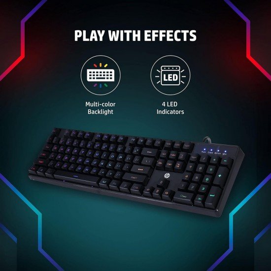 HP K300 Backlit Membrane Wired Gaming Keyboard with Mixed Color Lighting, 4 LED Indicators, Matte Finish Double Injection Key 