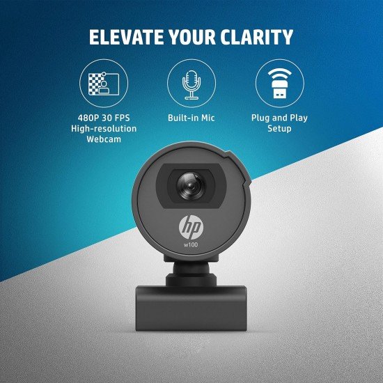 HP w100 480P 30 FPS Digital Webcam with Built-in Mic, Plug and Play Setup, Wide-Angle View for Video Calling  (Black)