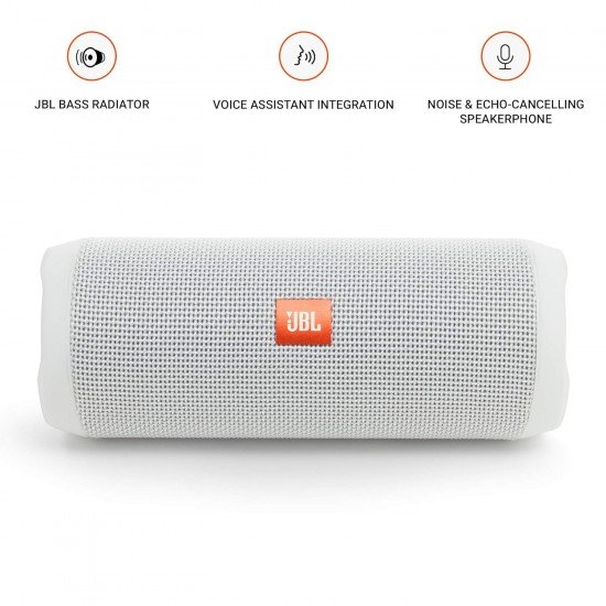 JBL Flip 4, Wireless Portable Bluetooth Speaker with Mic, Signature Sound with Bass Radiator, Vibrant Colors (White)