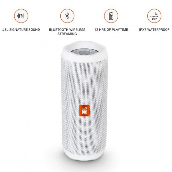 JBL Flip 4, Wireless Portable Bluetooth Speaker with Mic, Signature Sound with Bass Radiator, Vibrant Colors (White)