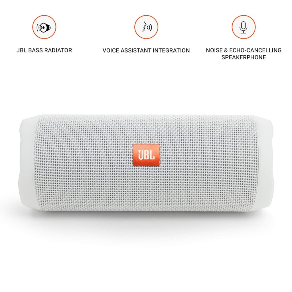 JBL Flip 4, Wireless Portable Bluetooth Speaker with Mic, Signature Sound with Bass Radiator, Vibrant Colors (White) JBL Flip 4, Wireless Portable Bluetooth Speaker with Mic, Signature Sound with Bass Radiator, Vibrant Colors (White)