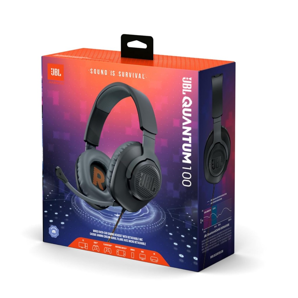 JBL Quantum 100 Wired Over Ear Gaming Headphones with Mic, 40mm Dynamic Drivers, Quantum Sound (Black) JBL Quantum 100 Wired Over Ear Gaming Headphones with Mic, 40mm Dynamic Drivers, Quantum Sound (Black)