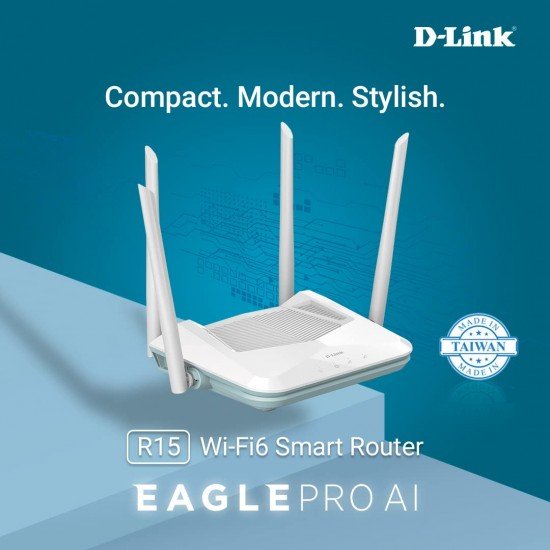 D-Link R15 AX1500 Eagle PRO AI Dual-Band Smart Router, Wi-Fi 6, 4 Gigabit Ports