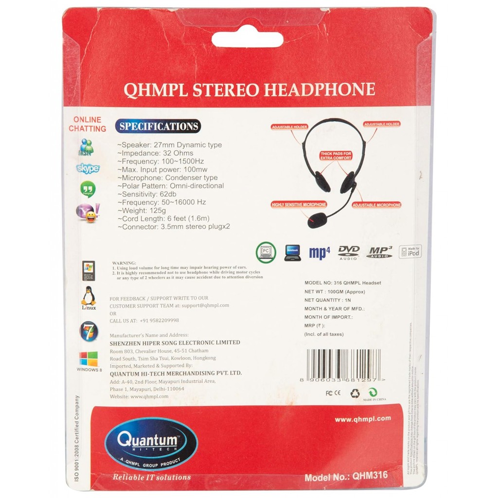 Quantum QHM316 Wired PC Stereo Headphone (Black)- Quantum QHM316 Wired PC Stereo Headphone (Black)-