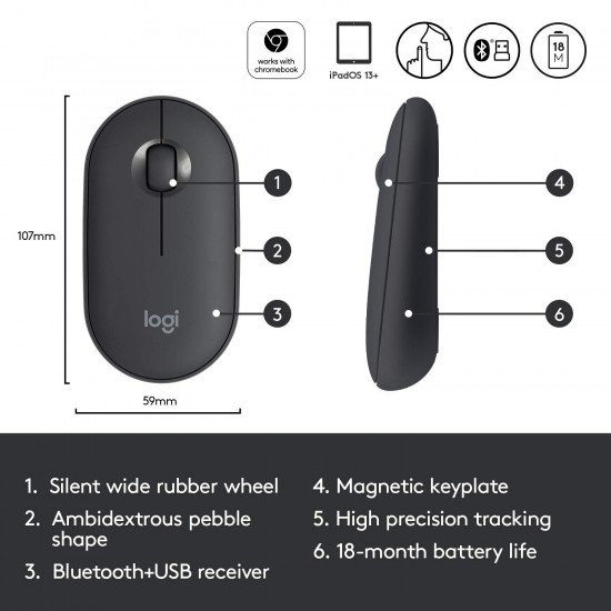 Logitech Pebble Wireless Mouse with Bluetooth or 2.4 GHz Receiver, Silent, Slim Computer Mouse  black