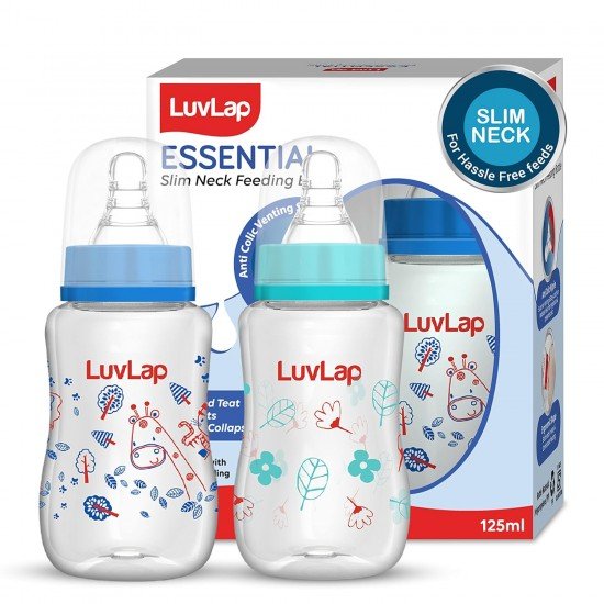 Luv Lap Anti-Colic Slim Regular Neck Essential BPA-Free Baby Feeding Bottle, 125ml, Pack of 2, Blue Green