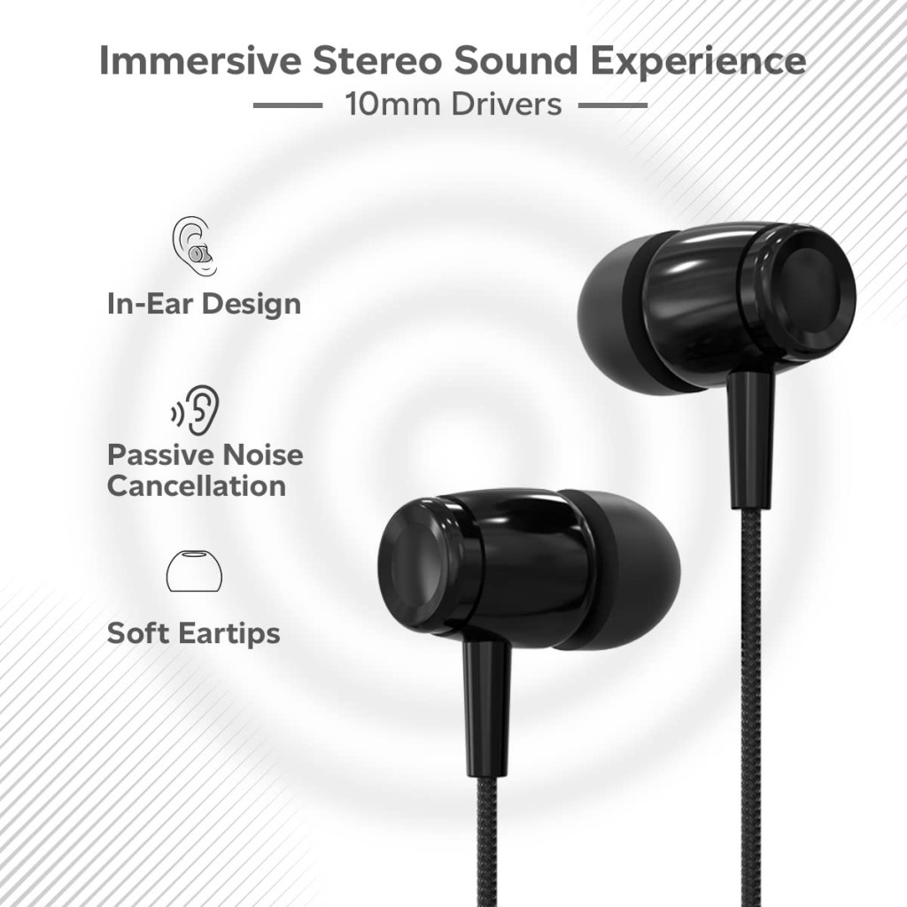 PTron Pride Indie in-Ear Wired Earphones with Mic, Stereo Sound, 10mm Drivers, Snug-fit Design, Passive Noise Cancellation (Black) PTron Pride Indie in-Ear Wired Earphones with Mic, Stereo Sound, 10mm Drivers, Snug-fit Design, Passive Noise Cancellation (Black)