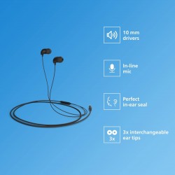 Philips Audio TAE1126 Wired in Ear Earphones with mic, 10 mm Driver, Powerful bass and Clear Sound, Black