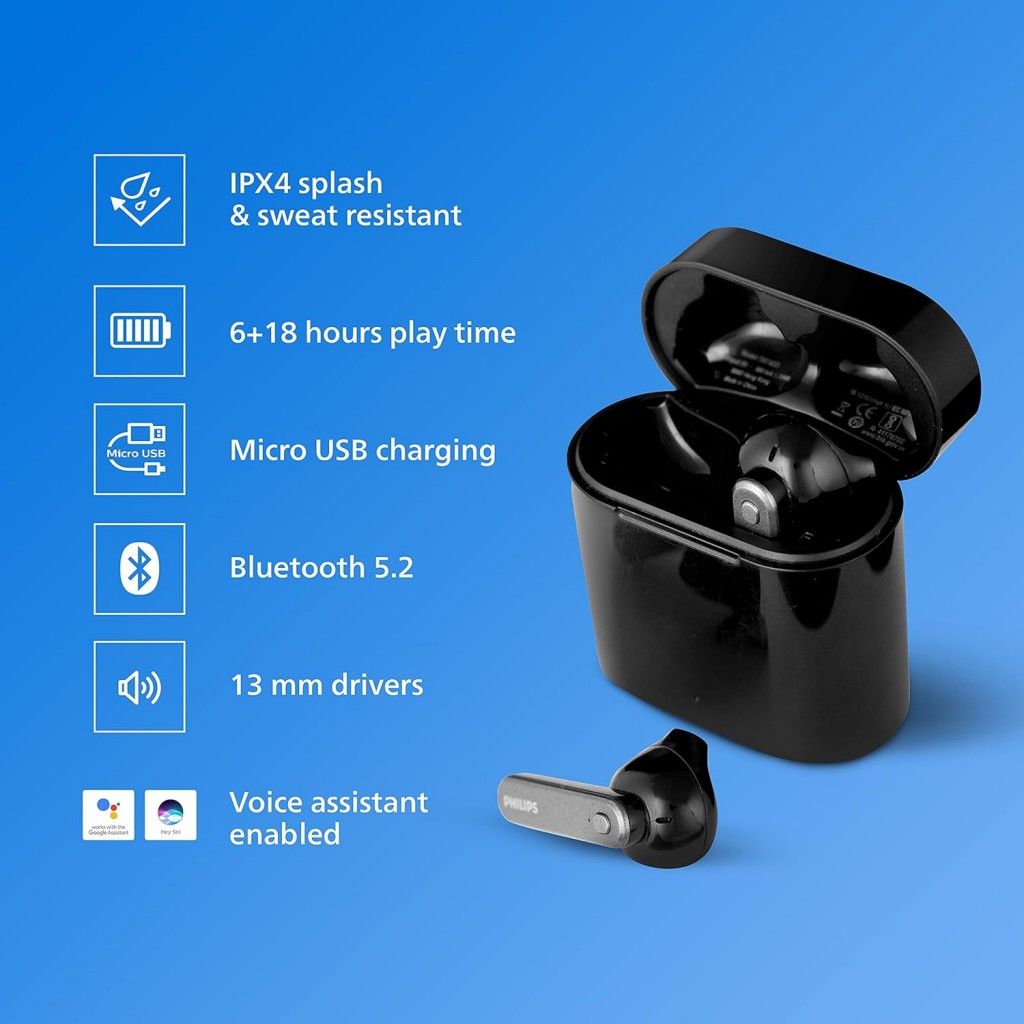 Philips Audio TWS TAT3225 True Wireless Earbuds with 24 Hr Playtime (6+18), IPX4, Bluetooth 5.2, 13 mm Drivers, Voice Assistant (Black) Philips Audio TWS TAT3225 True Wireless Earbuds with 24 Hr Playtime (6+18), IPX4, Bluetooth 5.2, 13 mm Drivers, Voice Assistant (Black)