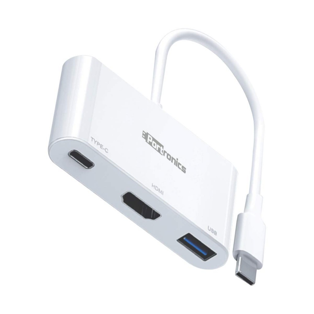 Portronics C-Konnect Type C to HDMI Adapter (3-in-1), Multiport USB C Hub with 4K@30Hz, USB 3.0 (White)