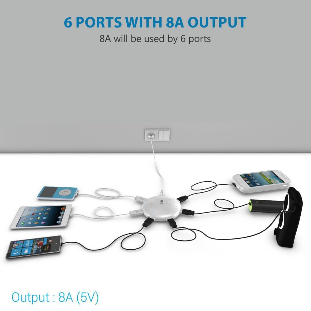Portronics POR 343 UFO USB Home Charger 6 Ports 8A Charging Station for Smartphones and Tablets - White Portronics POR 343 UFO USB Home Charger 6 Ports 8A Charging Station for Smartphones and Tablets - White