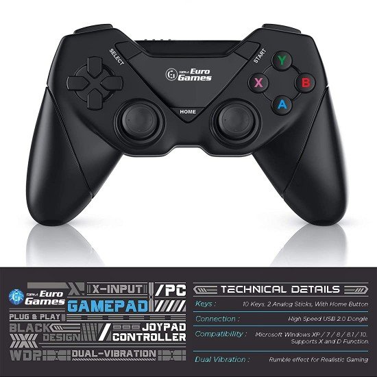 RPM Euro Games Laptop/PC Controller 2.4G Wireless Gamepad for Windows - 7, 8, 8.1,10, XP & PS3. Plug and Play with USB Dongle Connect 