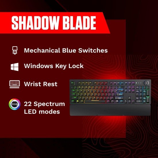 Redgear Shadow Blade Mechanical Keyboard with Drive Customization, Spectrum (Black)