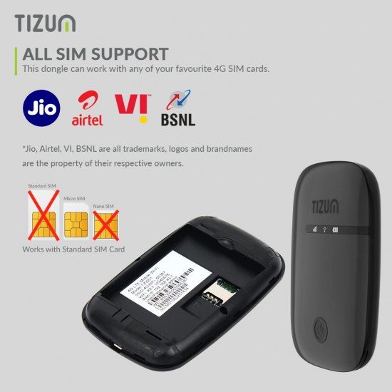 Tizum 4G Fast LTE Wireless Single Band Dongle with All SIM Network Support, Plug & Play Data Card Stick with up to 150Mbps (Black)