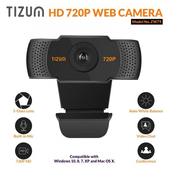 Tizum ZW79- HD 720p Webcam, Widescreen Viewing Angle, Auto Light Correction, Noise-Reducing Mic, for Skype