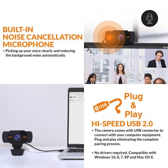 Tizum ZW79- HD 720p Webcam, Widescreen Viewing Angle, Auto Light Correction, Noise-Reducing Mic, for Skype