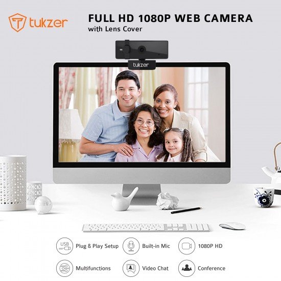 Tukzer 2.1 MP Full HD 1080P Web Camera, CMOS Webcam with Microphone| Privacy Cover| Auto-Focus| 360° (C01-Black)