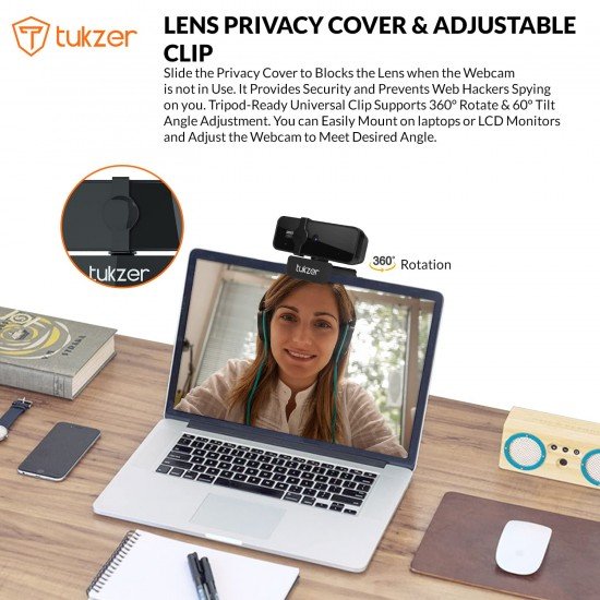 Tukzer 2.1 MP Full HD 1080P Web Camera, CMOS Webcam with Microphone| Privacy Cover| Auto-Focus| 360° (C01-Black)