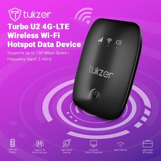 Tukzer 4G LTE Wireless Dongle with All SIM Network Support Plug & Play Data Card Stick with up to 150Mbps WiFi Hotspot  (Black)