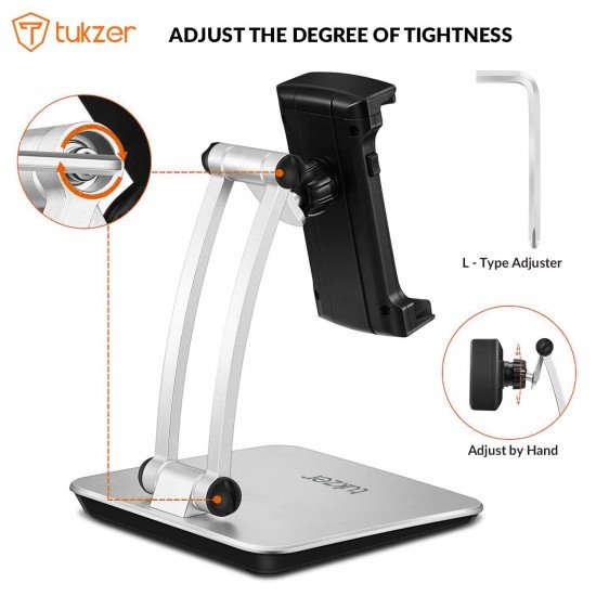 Tukzer Foldable Professional Tablet & Mobile Stand Holder with 360° Swivel & Height/Angle Adjustment (Grey)