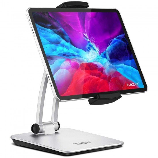 Tukzer Foldable Professional Tablet & Mobile Stand Holder with 360° Swivel & Height/Angle Adjustment (Grey)