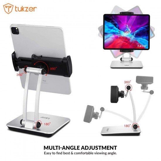 Tukzer Foldable Professional Tablet & Mobile Stand Holder with 360° Swivel & Height/Angle Adjustment (Grey)