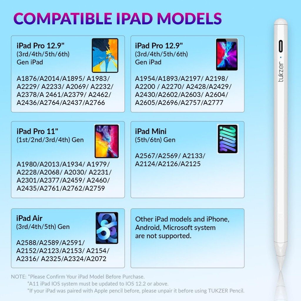 Tukzer Stylus Pen for iPad 2018-2023, iPad 10.2 Inch, Pro 11 Inch Palm Rejection & Tilt Sensitivity, Writing/Drawing (White) Tukzer Stylus Pen for iPad 2018-2023, iPad 10.2 Inch, Pro 11 Inch Palm Rejection & Tilt Sensitivity, Writing/Drawing (White)