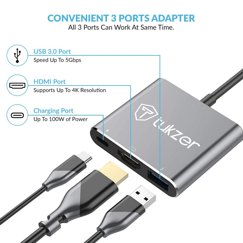 Tukzer USB C to HDMI Adapter (3 in 1) Type C Hub 3.1 to (TZ-Q11 Space Grey)
