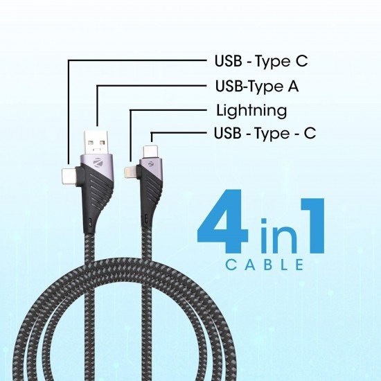 Zebronics UCLC65B 65 Watts PD Fast charging 4 in 1 cable with USB/Type C to Type C/Lightning connector