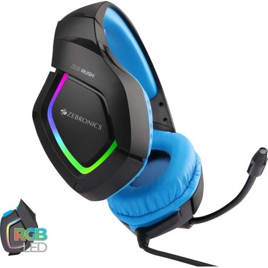 Zebronics Zeb-Rush (Blue) Premium Wired Gaming On Ear Headphone with RGB LEDs, Dual 3.5mm Jack, Converter