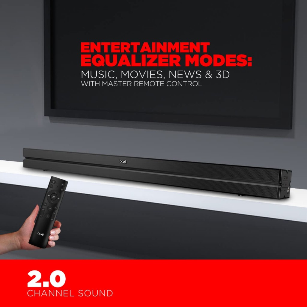 boAt AAVANTE Bar 1300 60W 2.0 Channel Bluetooth Soundbar Signature Sound, Multiple Connectivity Modes, (Premium Black) boAt AAVANTE Bar 1300 60W 2.0 Channel Bluetooth Soundbar Signature Sound, Multiple Connectivity Modes, (Premium Black)