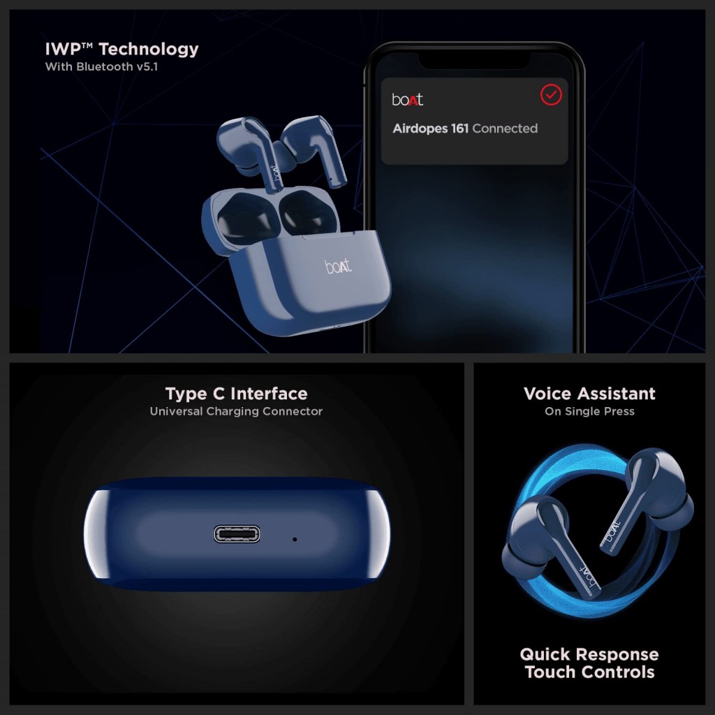 boAt Airdopes 161 TWS Earbuds with ASAP™ Charge, 17H Playtime, IWP™, Immersive Audio, IPX5, Touch Controls(Pebble Black) boAt Airdopes 161 TWS Earbuds with ASAP™ Charge, 17H Playtime, IWP™, Immersive Audio, IPX5, Touch Controls(Pebble Black)