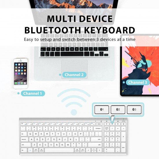 iClever BK10 Bluetooth Keyboard, Multi Device Wireless Keyboard Rechargeable Bluetooth 5.1 Stable /White